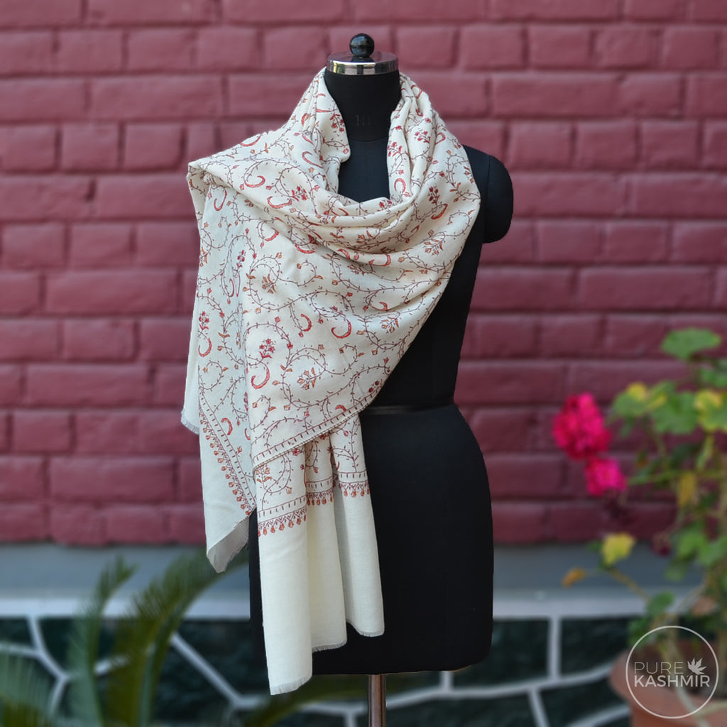 White Kashmir Sozni Embroidery Wool Scarf