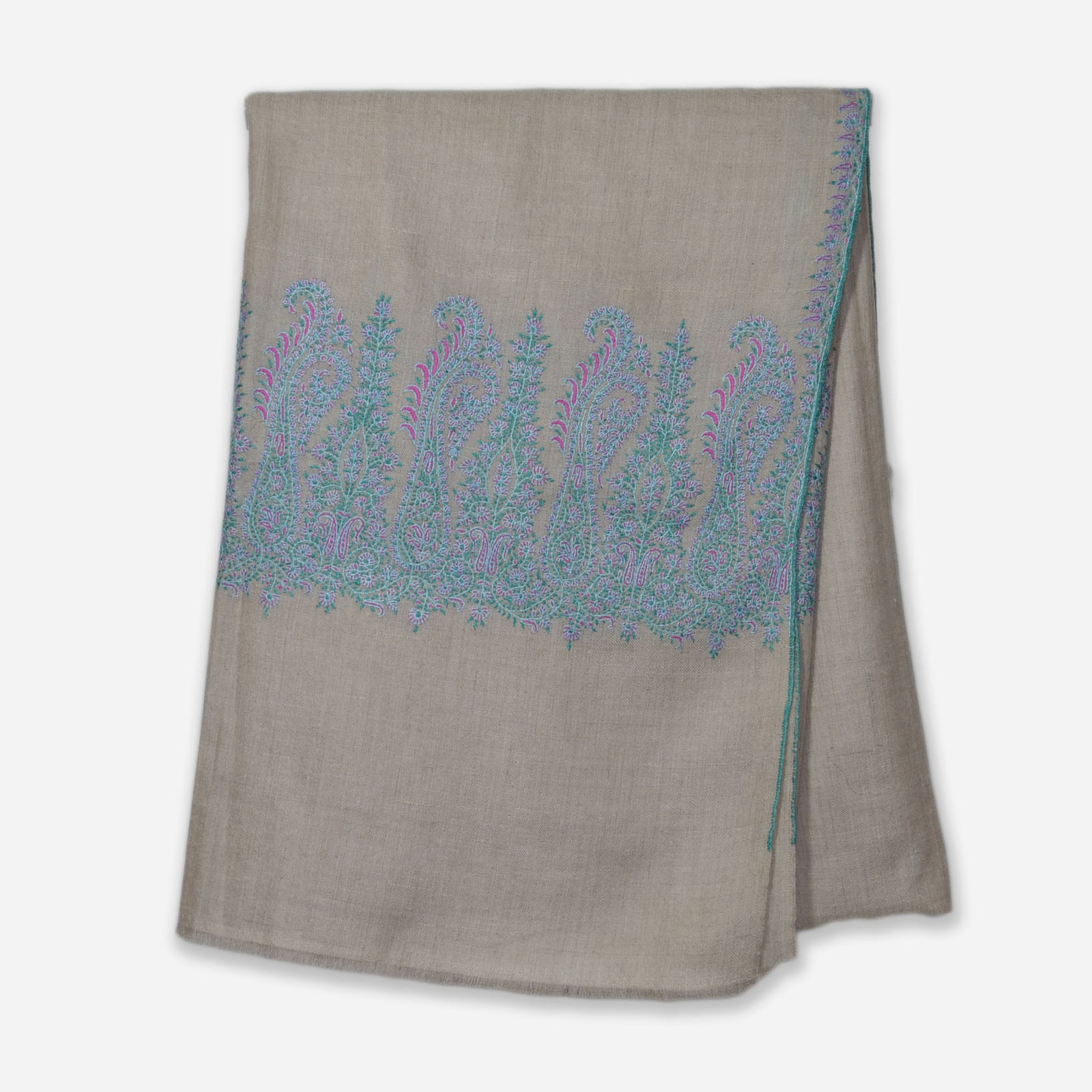 Un Dyed Taupe Border Embroidery Cashmere Travel Wrap