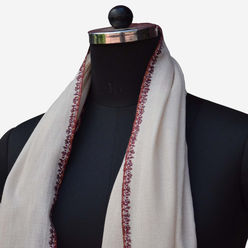 Ivory Kashmir merino woolen embroidered scarf