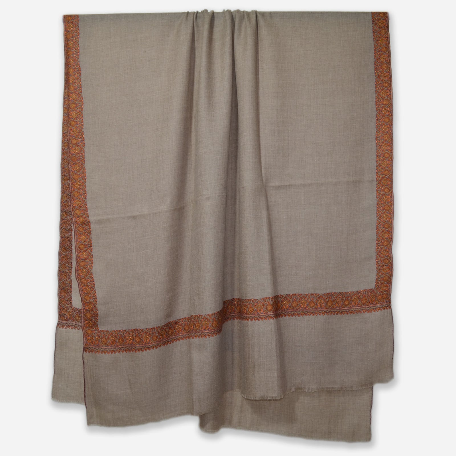 Taupe Border Embroidery Cashmere Travel Wrap