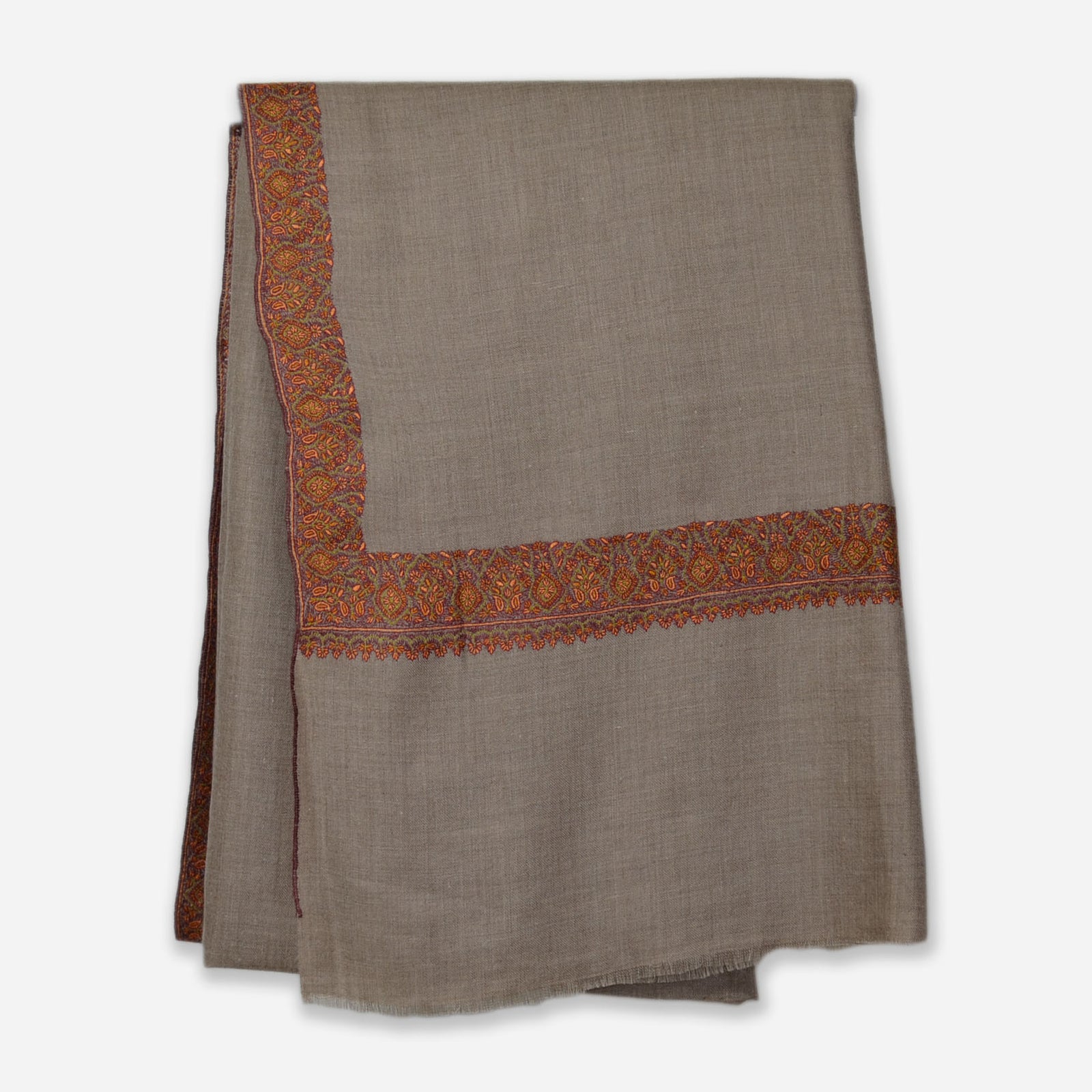 Taupe Border Embroidery Cashmere Travel Wrap
