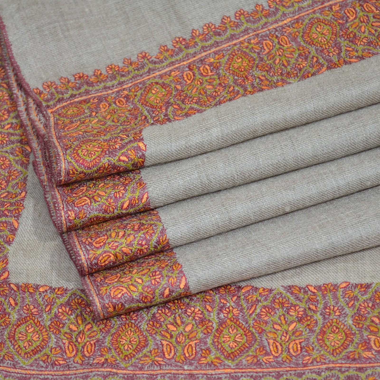 Un Dyed Taupe Sozni Border Embroidery Cashmere Pashmina Shawl