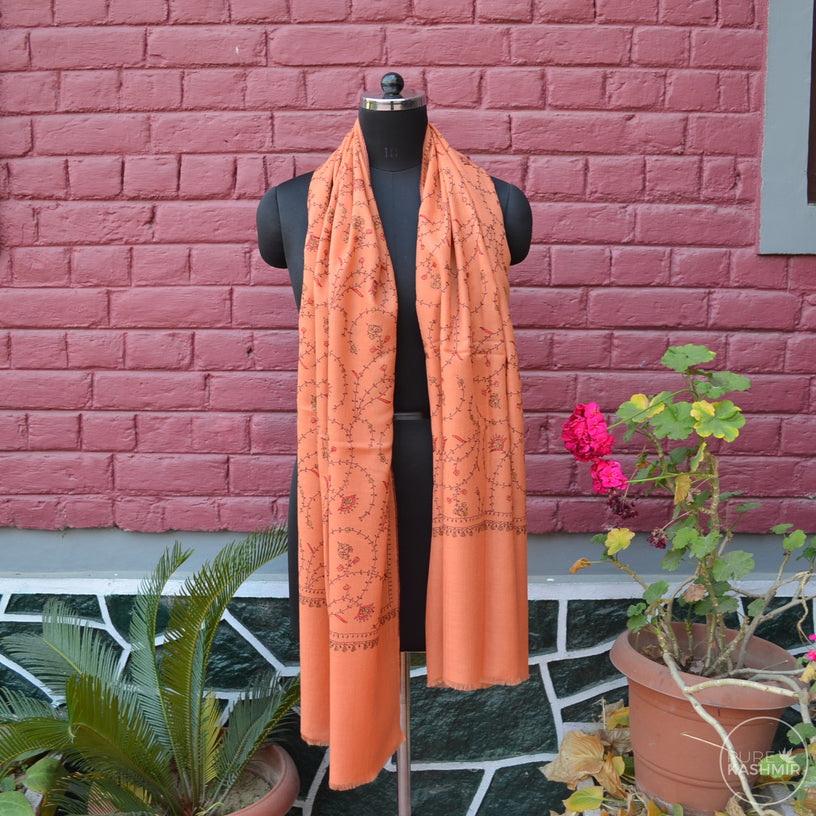 Peach Kashmir Sozni Embroidery Wool Scarf
