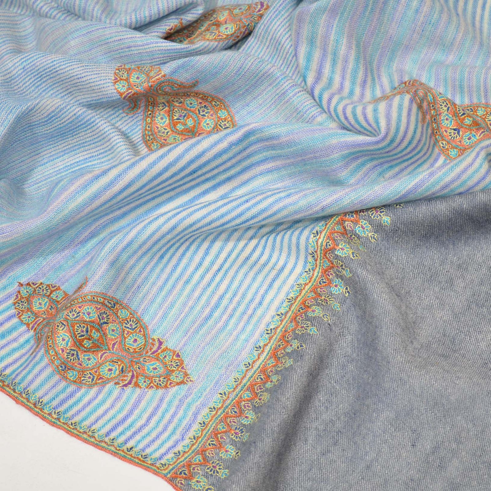 Blue Ikat Patterned Motif Embroidery Cashmere Pashmina Shawl