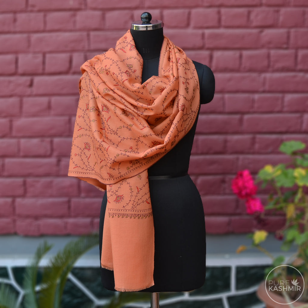 Peach Kashmir Sozni Embroidery Wool Scarf