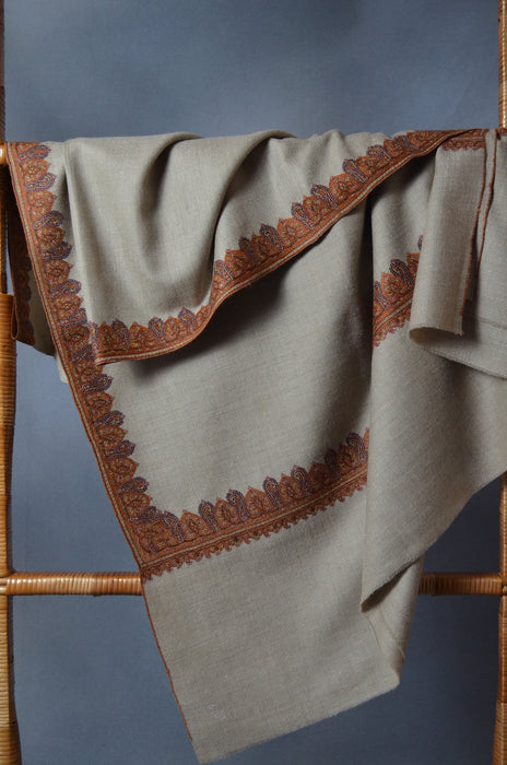 Un Dyed Taupe Border Embroidery Cashmere Pashmina Shawl