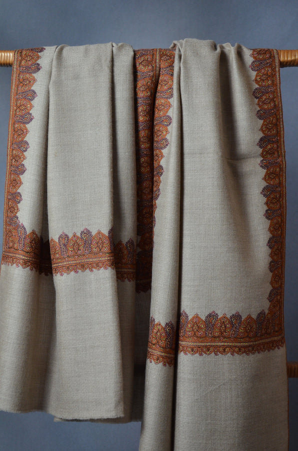 Un Dyed Taupe Border Embroidery Cashmere Pashmina Shawl