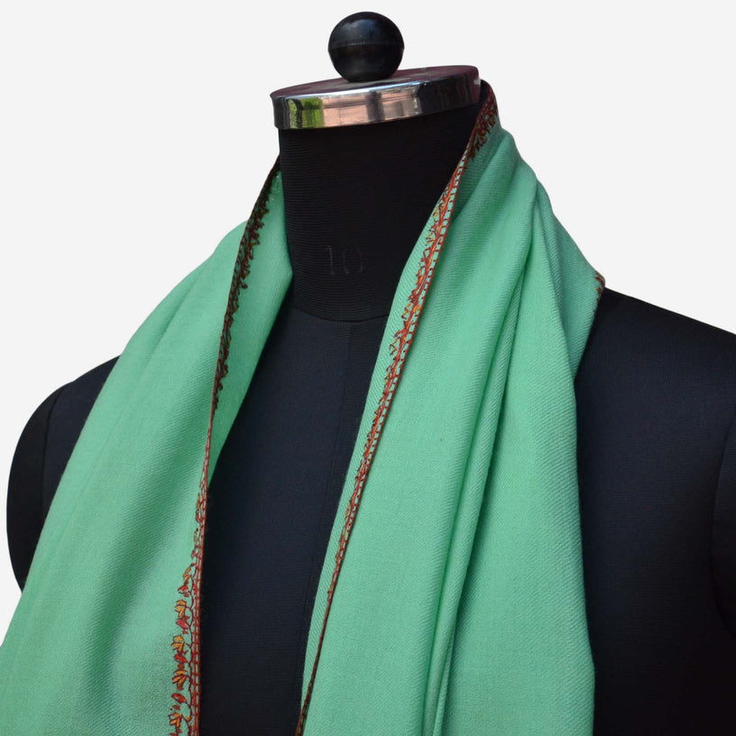 Big border embroidery on this ocean green cashmere Kashmir woolen stole