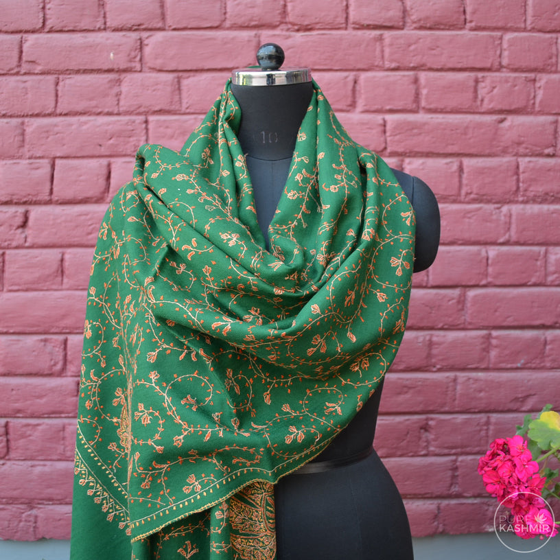 Bottle Green Kashmir Sozni Embroidery Wool Scarf