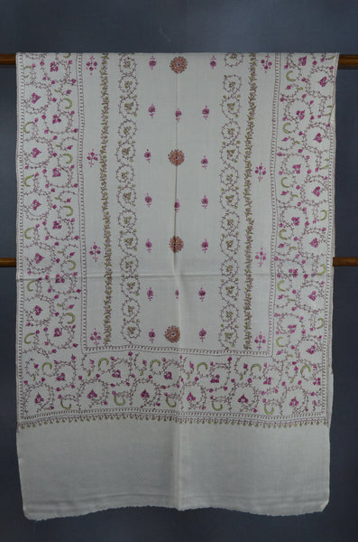 Ivory Jali Sozni Pink Embroidery Wool Stole