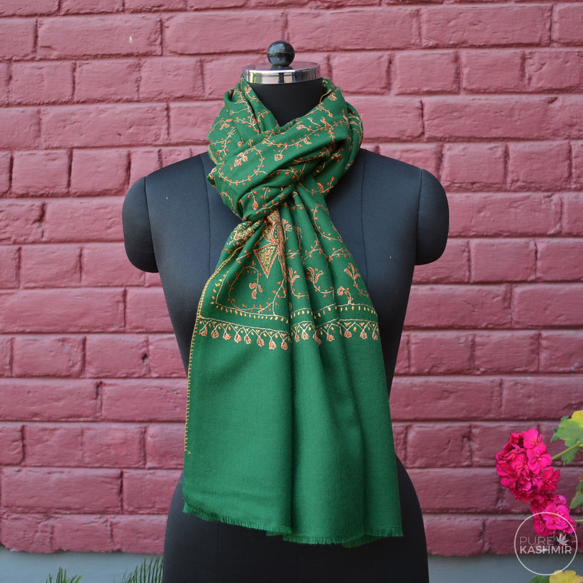 Bottle Green Kashmir Sozni Embroidery Wool Scarf