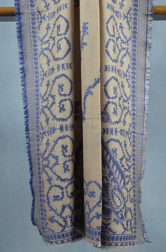Natural Base Blue patterned with 4 sided fringes merino scarf