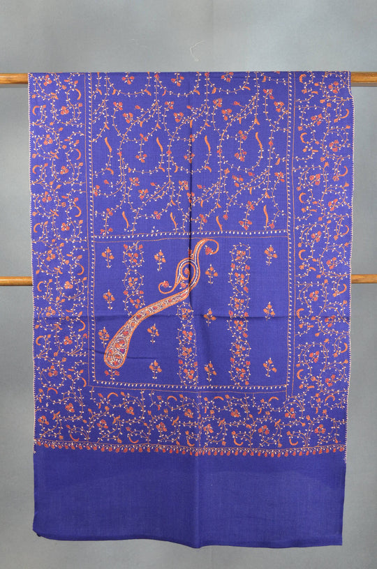 Navy Blue Jali Sozni Embroidery Wool Stole