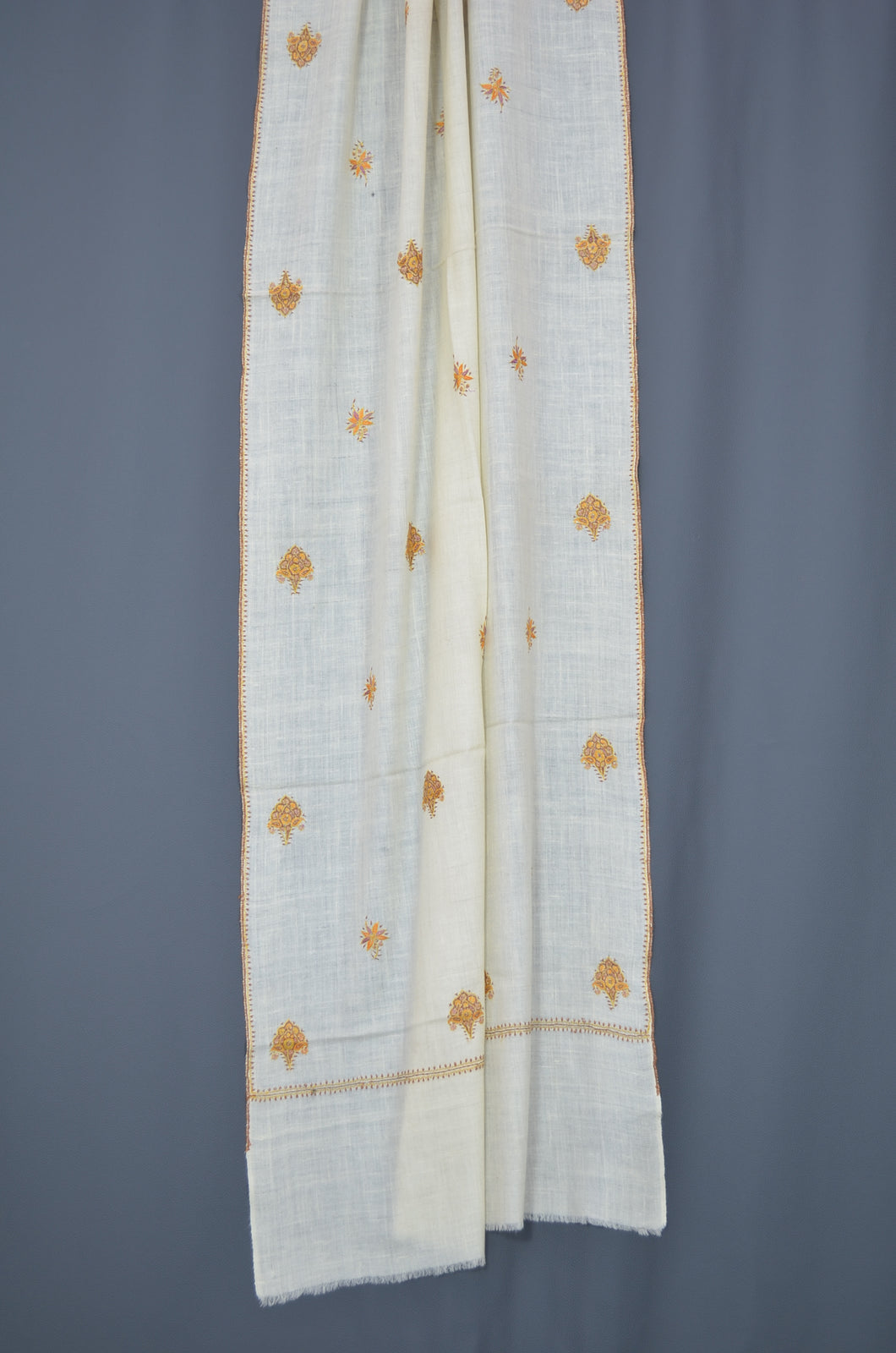 Ivory Butti-Dar Motif Embroidery Cashmere Pashmina Scarf