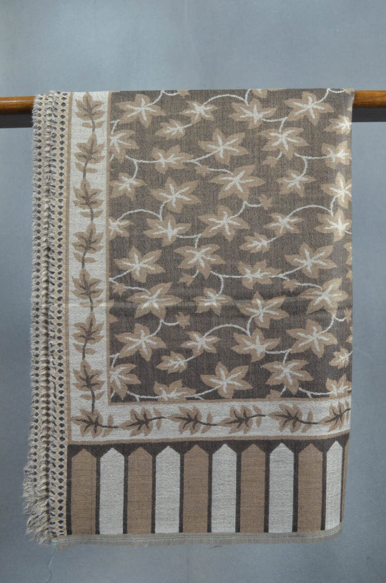 Brown Base Jacquard Kani Pattern Merino Wool Scarf 4 sided fringes