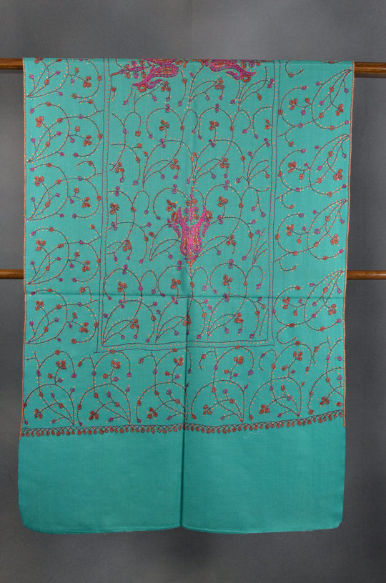 Turquoise Jali Sozni Embroidery Wool Stole