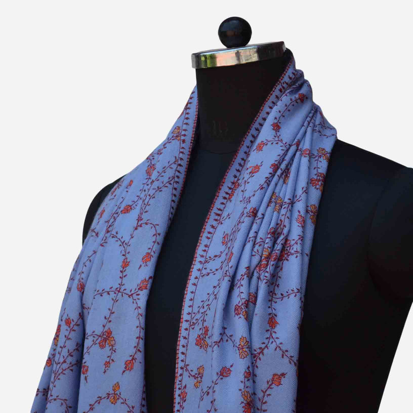 Baby blue merino woolen cashmere embroidered scarf
