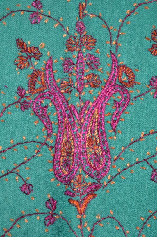 Turquoise Jali Sozni Embroidery Wool Stole