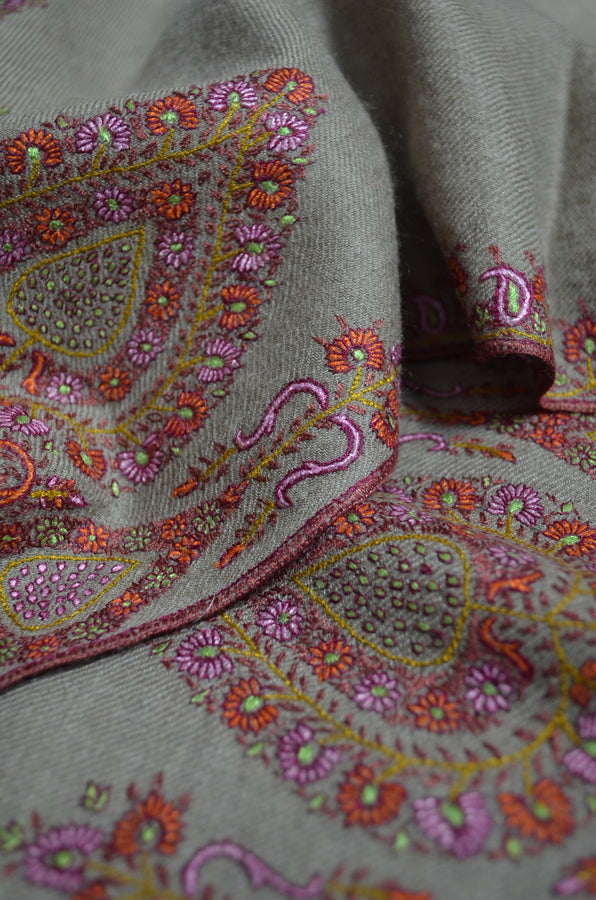 Taupe Big Border Embroidery Cashmere Pashmina Shawl