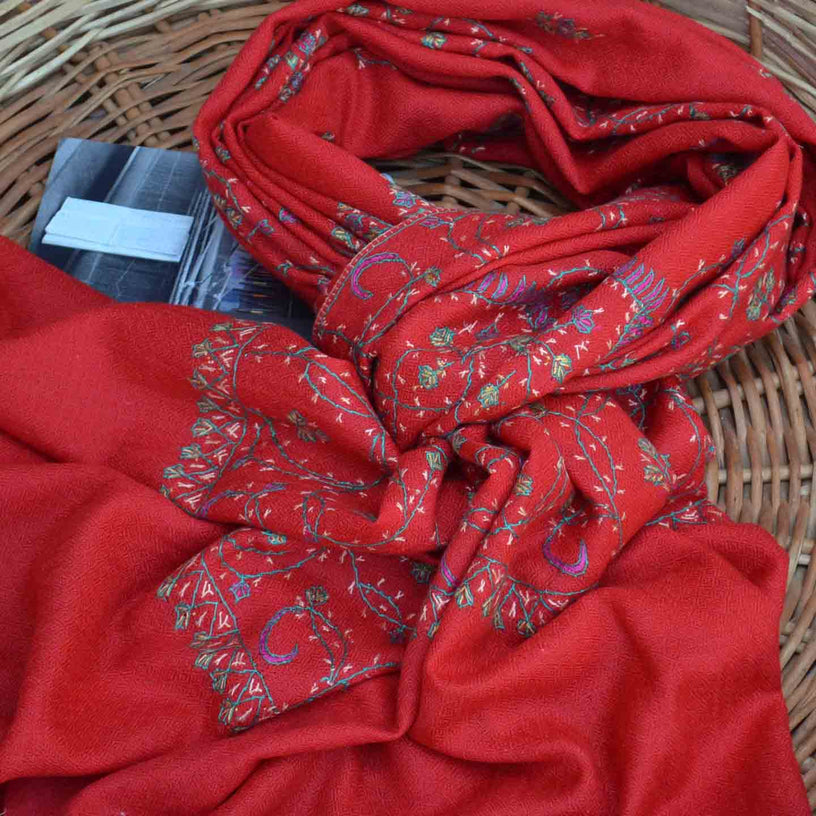 Red cashmere merino woolen kashmiri embroidered stole