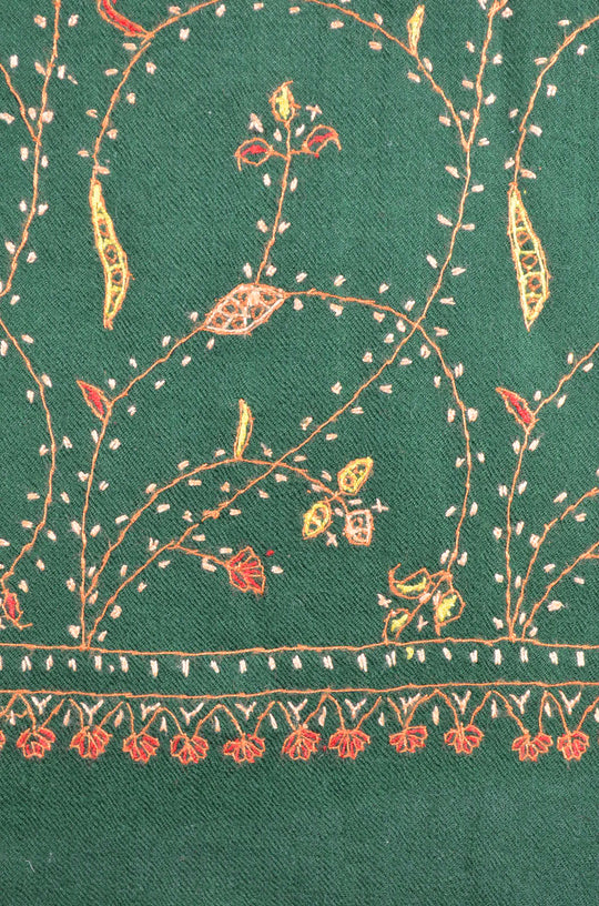 Hunter Green Jali Sozni Embroidery Wool Stole