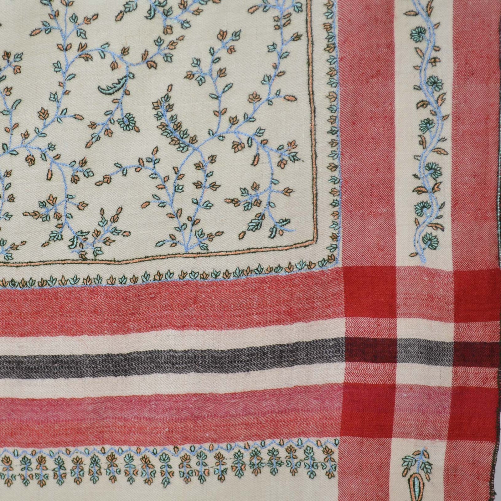 Ivory Cashmere Pashmina Jali Embroidery Shawl with Checkered Border