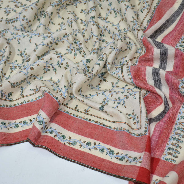 Ivory Cashmere Pashmina Jali Embroidery Shawl with Checkered Border