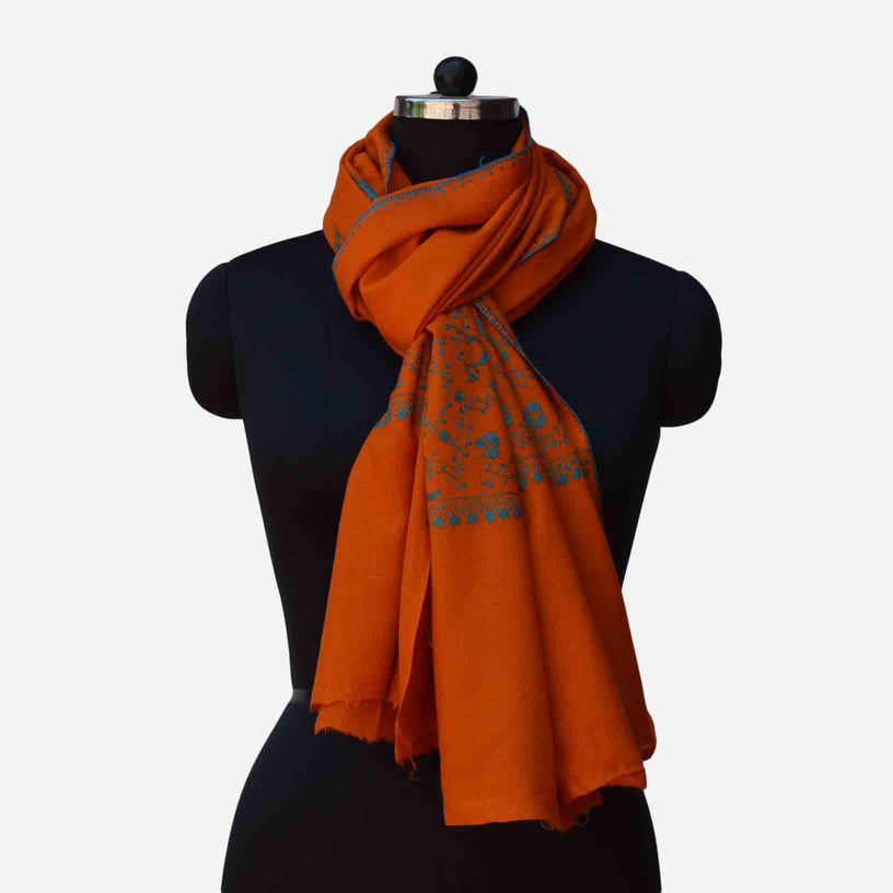 Orange Kashmiri merino woolen sozni big border Hand embroidery scarf