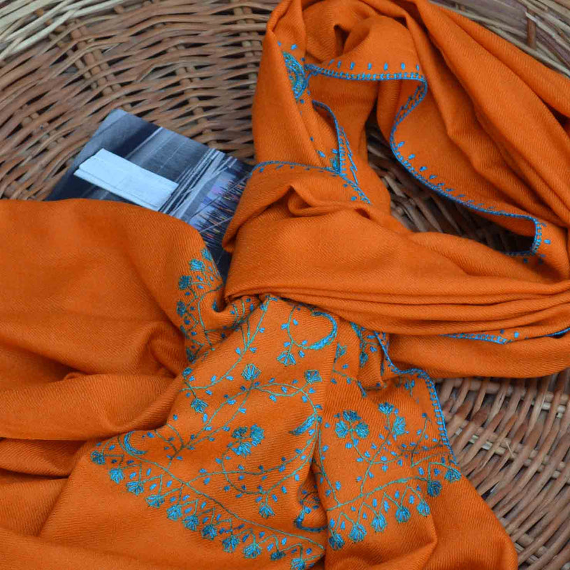 Orange Kashmiri merino woolen sozni big border Hand embroidery scarf
