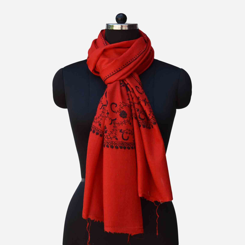 Red Kashmiri merino woolen sozni big border Hand embroidery scarf