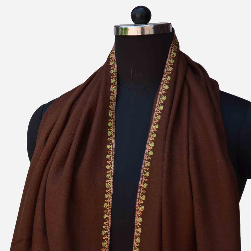 Brown Kashmiri merino woolen sozni big border embroidery scarf