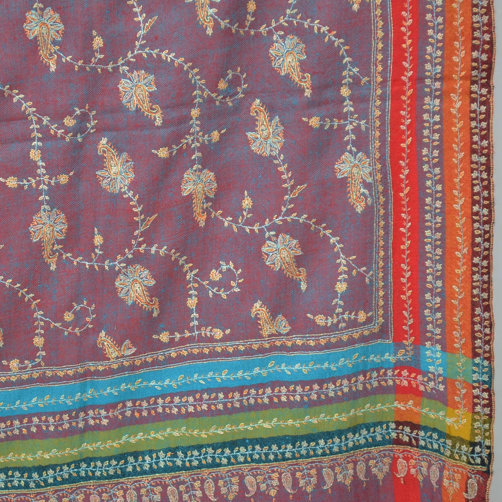 Yarn Dyed Purple Cashmere Pashmina Jali Embroidery Shawl with Checkered Border