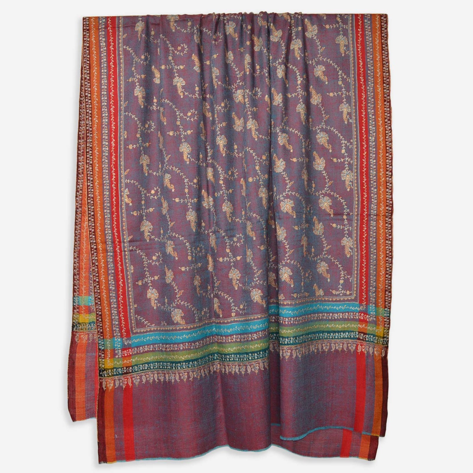 Yarn Dyed Purple Cashmere Pashmina Jali Embroidery Shawl with Checkered Border