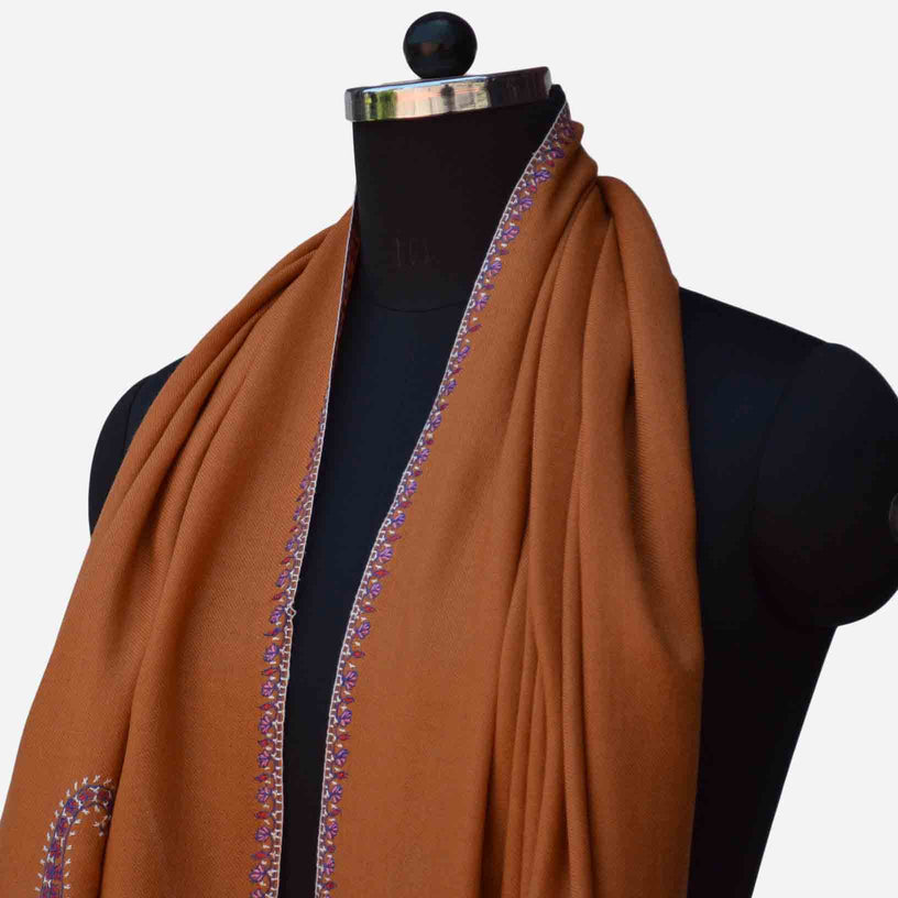 Rust Kashmiri merino woolen sozni big border embroidery scarf