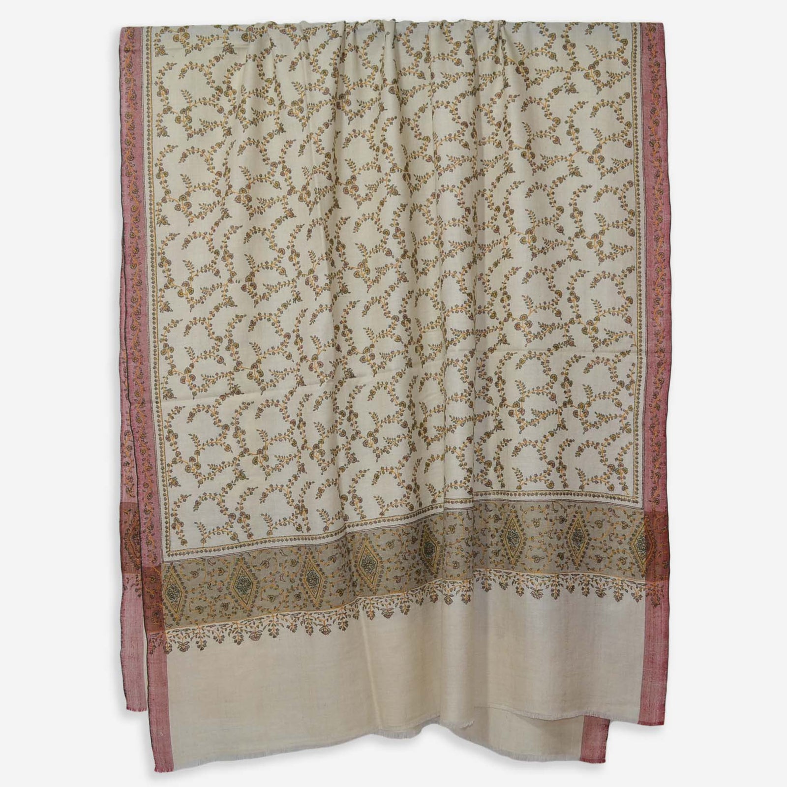 Ivory Cashmere Pashmina Jali Embroidery Shawl with Colored Border
