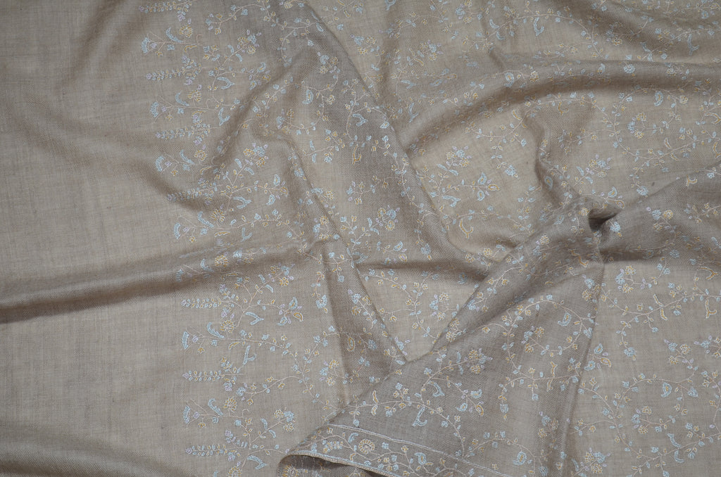 Beautiful Embroidery on an Un-Dyed Natural Cashmere Pashmina
