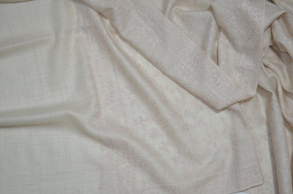 Ivory Cashmere Scarf with Pink Embroidery