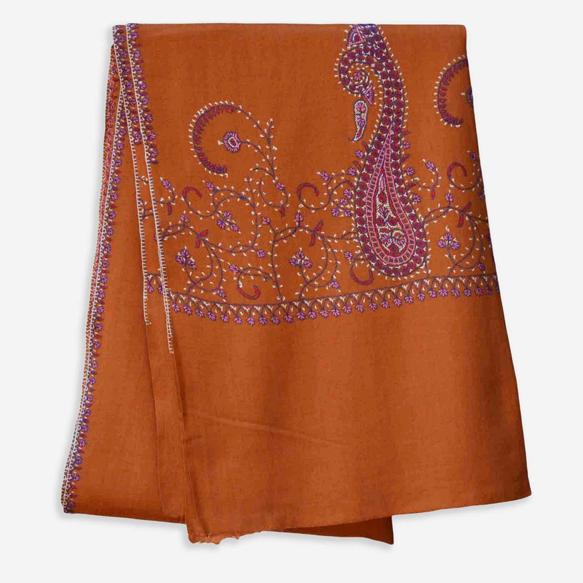 Rust Kashmiri merino woolen sozni big border embroidery scarf