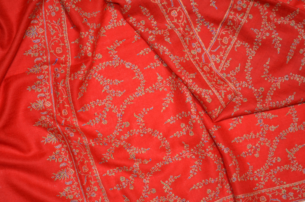 Stunning Red Cashmere Scarf with Beautiful Embroidery