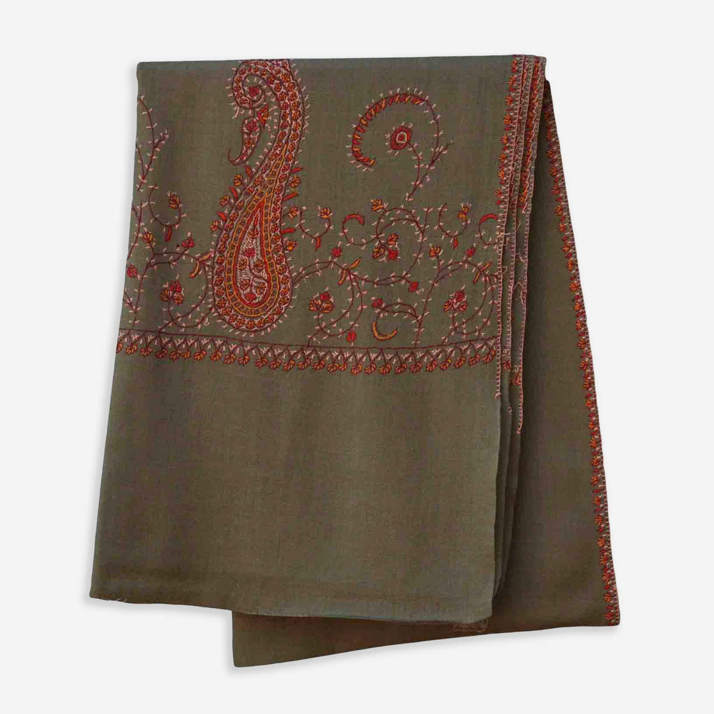 Taupe Kashmiri merino woolen sozni big border Hand embroidery scarf