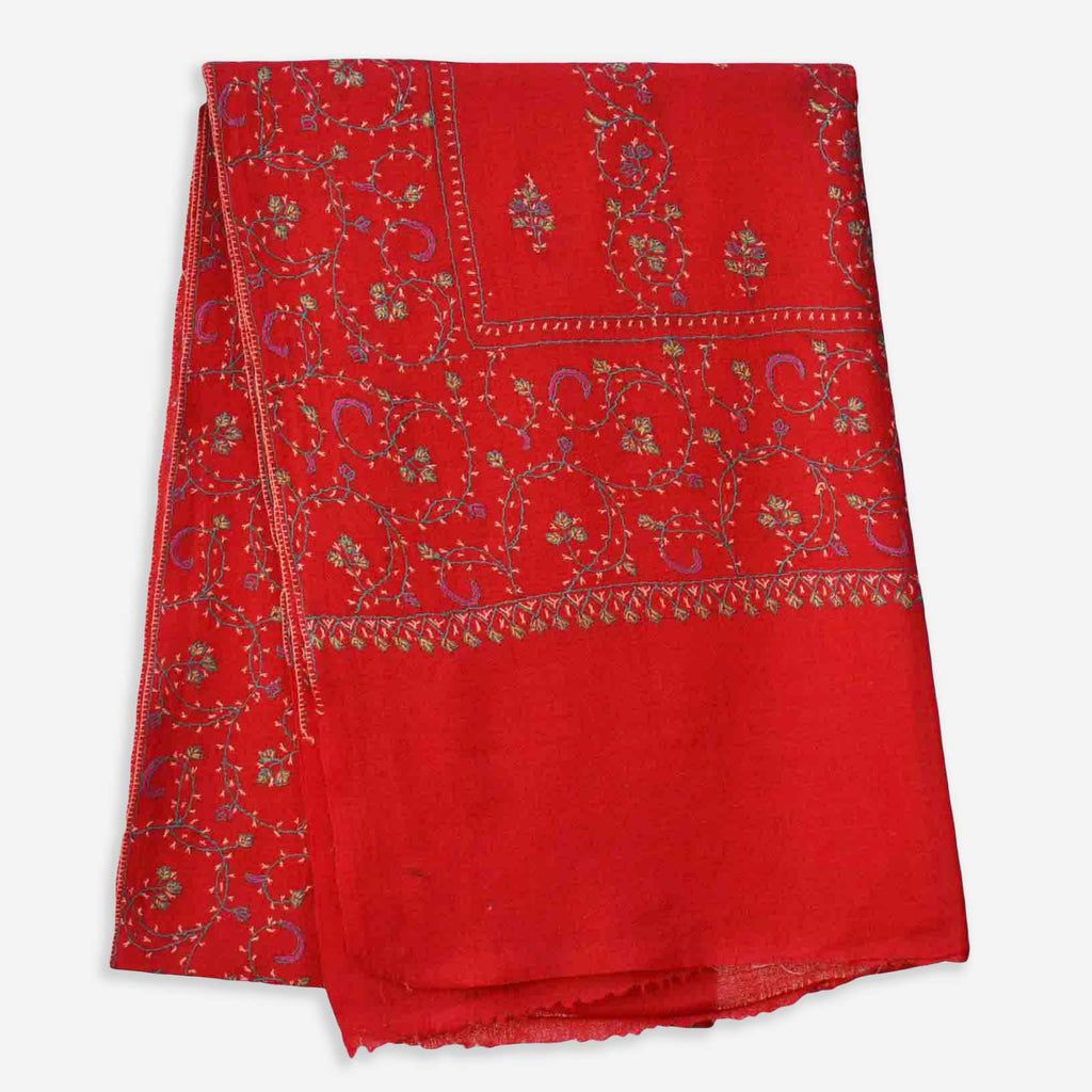Red kashmiri merino wool embroidered scarf