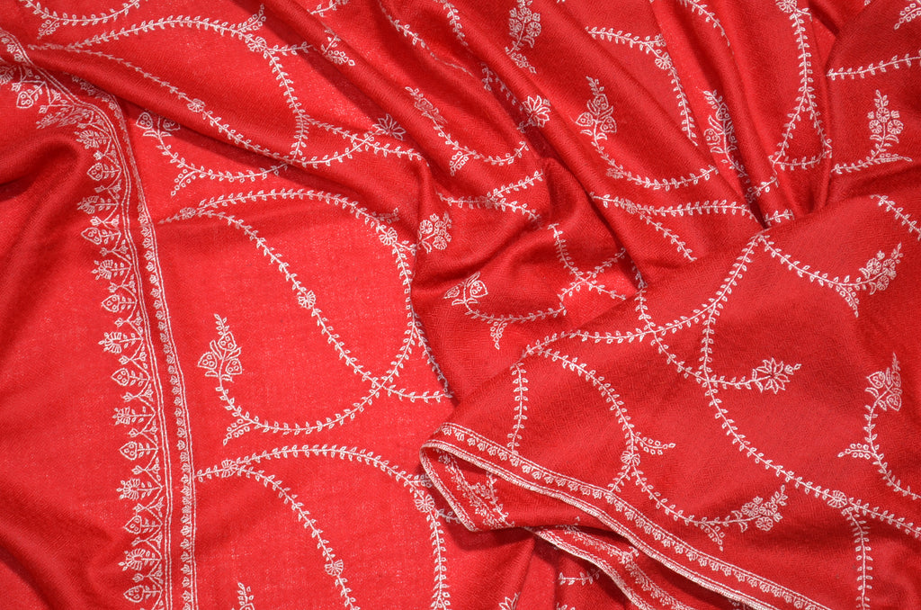 Red Cashmere Scarf with Beautiful Sozni Embroidery