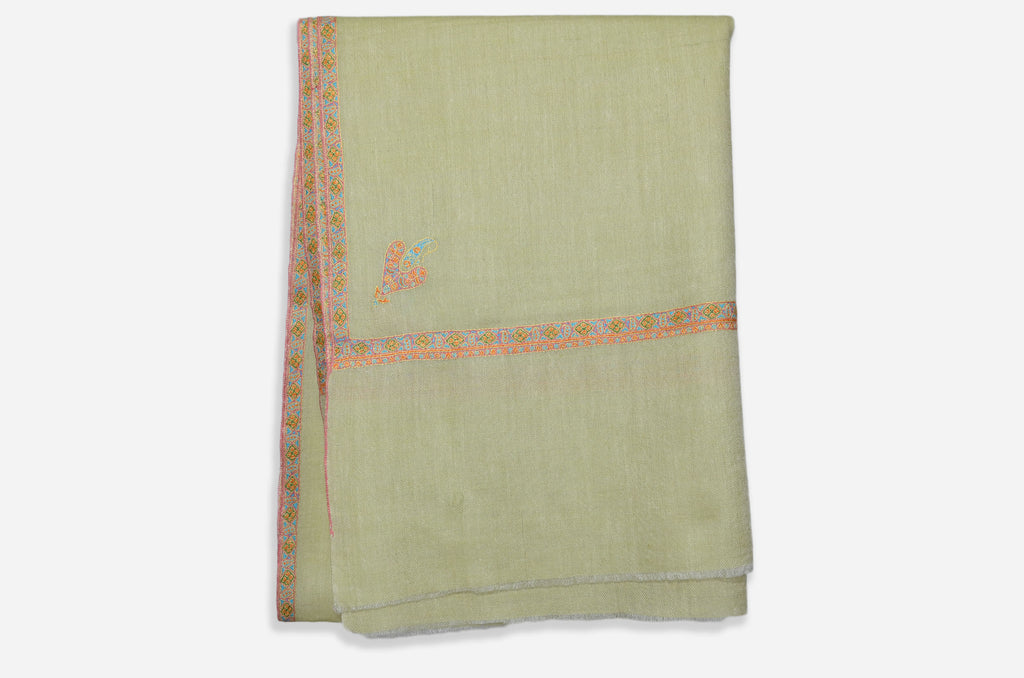 Light Green Cashmere Scarf With Beautiful Border Embroidery