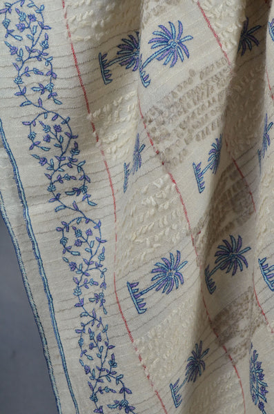 Ivory Base Blue Embroidery Cashmere Travel Wrap
