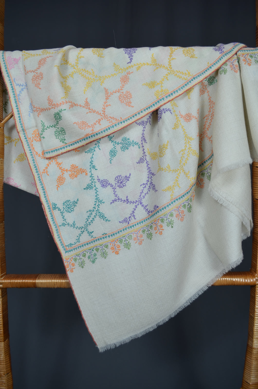 Ivory Jali Embroidery Pashmina Cashmere Shawl