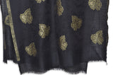 Black Merino Wool Scarf With Zari Woven Leaf Motifs