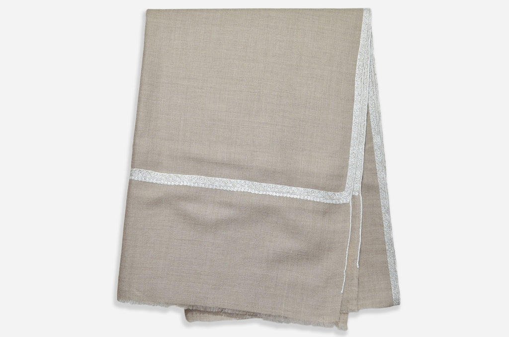 Un-Dyed Cashmere Scarf With Classic White Border Embroidery