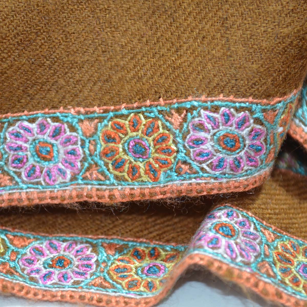Brown Border Embroidery Cashmere Pashmina Shawl