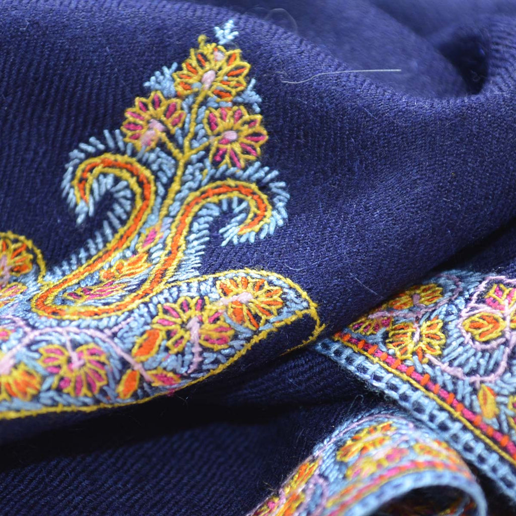 Navy Blue Sozni Border Embroidery Cashmere Pashmina Shawl