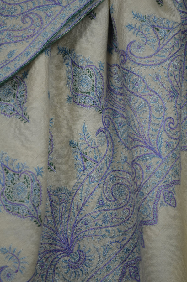 Ivory Big Border Embroidery Cashmere Pashmina Shawl with Beautiful Motifs